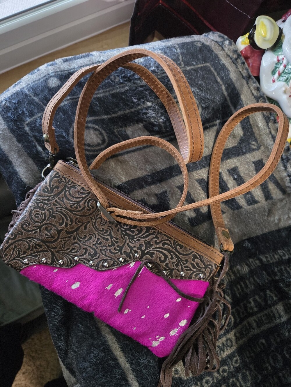 NWT!!!! American Darling Leather Clutch Hot Pink Fringe - Hand Tooling w…